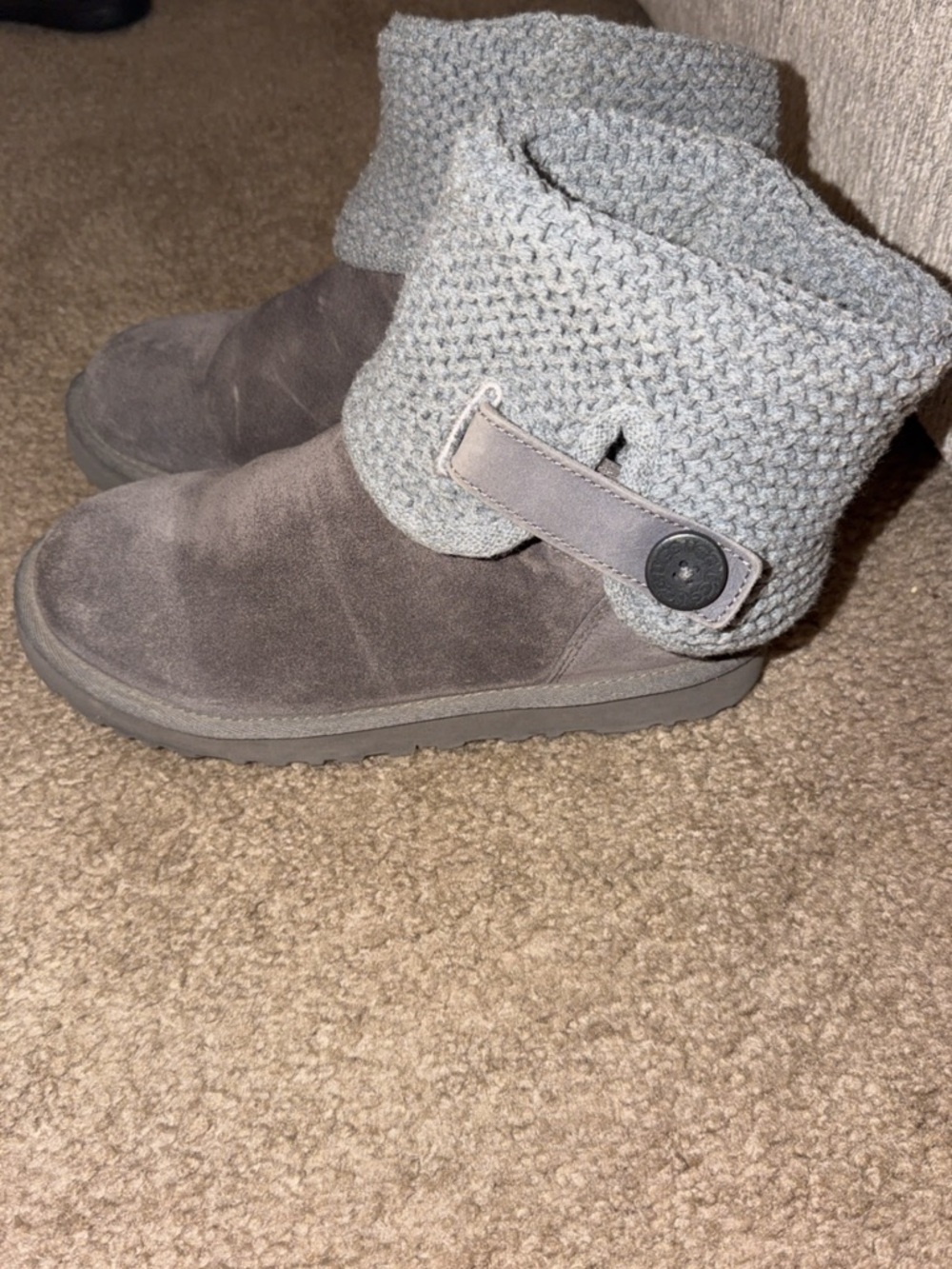 UGG Gray Knit Cuff Suede Button Boots for Kids